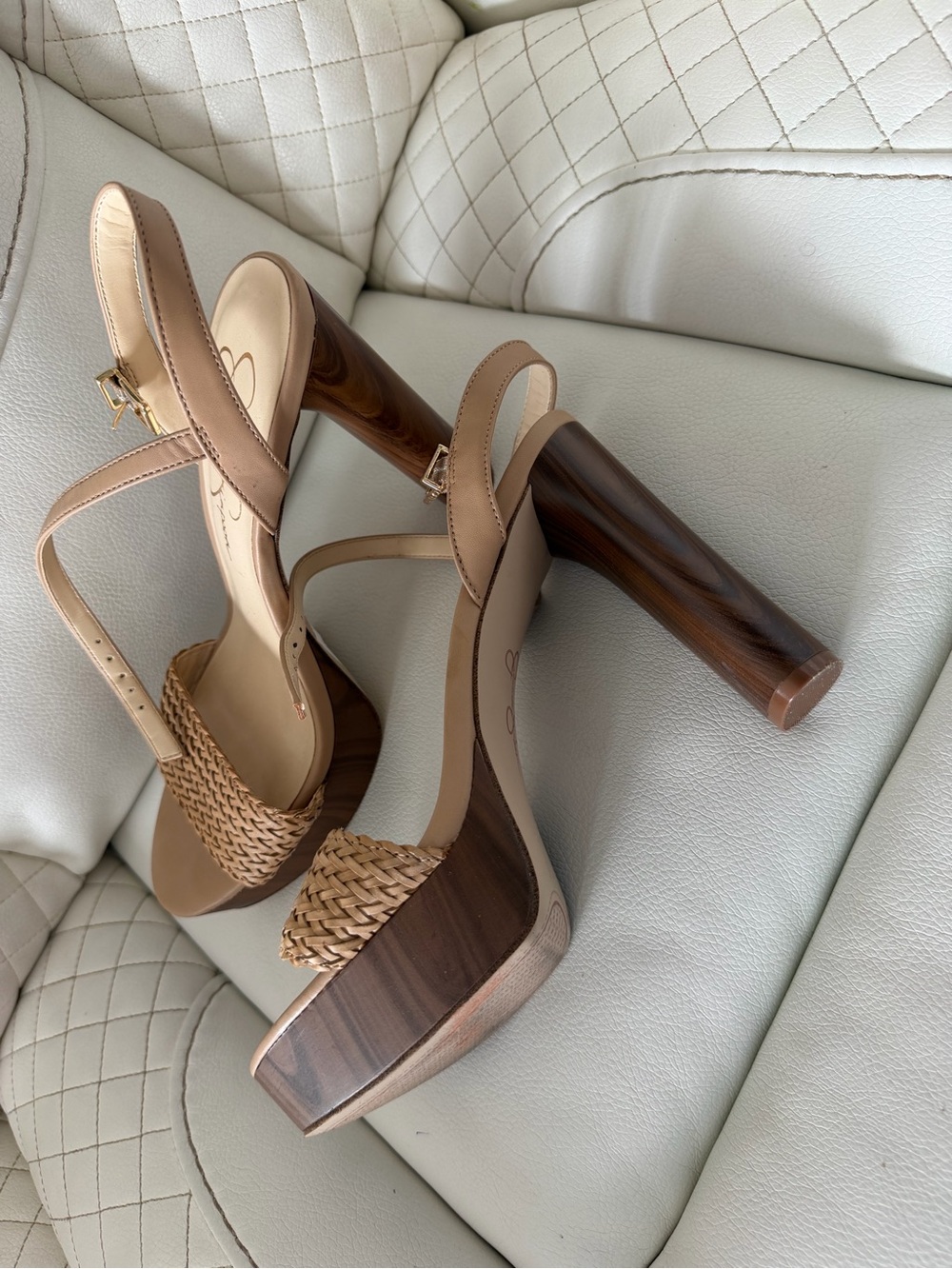 Jessica Simpson Tan Woven Platform Sandals with Wood-Effect Heel